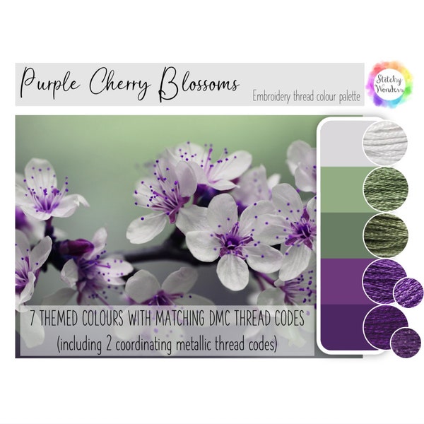DMC embroidery thread colour palette: 'Purple Cherry Blossom' (nature inspired theme idea match coordinating floss yarn guide PDF download)