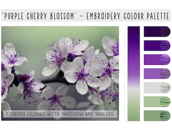 DMC thread colour palette - PDF download - 'Purple Cherry Blossom' themed color scheme, matching embroidery thread guide