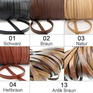 Puede incluir: Cordón de cuero en varios colores, incluyendo negro, marrón, natural, marrón claro y marrón antiguo. El cordón se muestra en rollos y como piezas individuales. Los números 01, 02, 03, 04 y 13 son visibles, junto con las palabras "Schwarz", "Braun", "Natur", "Hellbraun" y "Antik Braun".