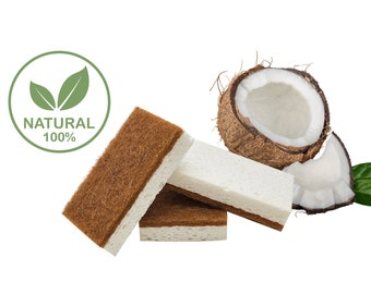 Duurzame kokossponsjes | Composteerbaar - Biologisch afbreekbare cellulose en kokosvezel / 11 cm x 7 cm x 2 cm, kokosspons (3 - 10 stuks)