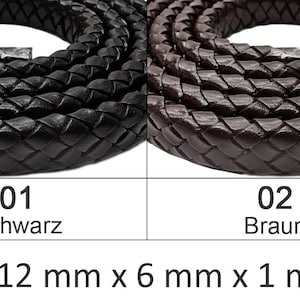 Oval braided leather cord 1 meter in black or brown | Width approx. 12 mm | Thickness approx. 6 mm | For high-quality jewelry