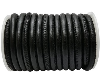 Lederschnur gesäumt 6 mm Durchmesser- Farbe Schwarz, Länge: wählbar, leicht, rund genäht, mit weichem Baumwollkern - genäht