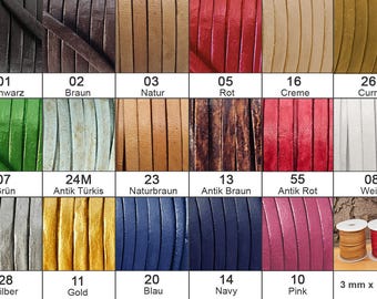Flat leather cord | 3 mm wide | approx. 1 mm thick | Color & length selectable (from 3 meters) | Very strong - For leather jewelry - vegetable tanned