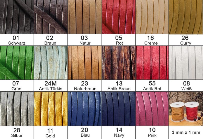 Flaches Lederband mit einer Breite von 3 mm und einer Dicke von ca. 1 mm. Ideal zum Basteln, für die Schmuckherstellung und fürs kreative Lederhandwerk