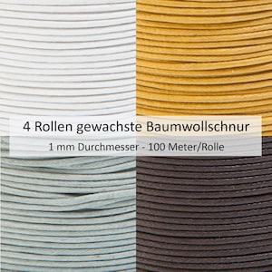 May include: Four spools of waxed cotton cord, each 100 metres long. The cords are white, yellow, light blue, and brown.