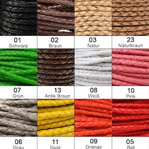 Könnte beinhalten: Eine Tabelle mit 10 verschiedenen Farben von geflochtenem Lederband. Die Farben sind Schwarz, Braun, Natur, Naturbraun, Grün, Antikbraun, Weiß, Pink, Grau, Gold, Orange und Rot. Die Zahlen 01, 02, 03, 23, 07, 13, 08, 10, 06, 11, 09 und 05 sind unter jeder Farbe aufgelistet.