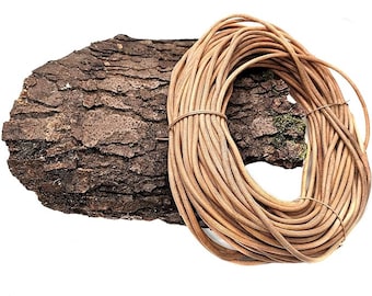 May include: A coil of light brown leather cord, approximately 10 feet long, is displayed on a piece of tree bark.