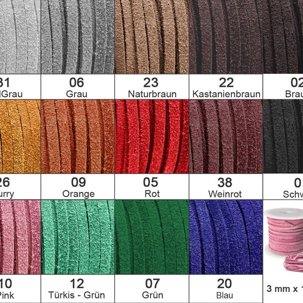 Weiches Wildlederband, Velourlederband Flach 3 mm x 1,5 mm - Farben wählbar