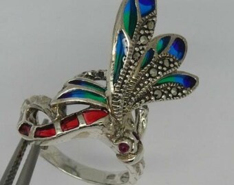 Stunning Plique a Jour Style Sterling Silver Dragonfly Ring-UK M