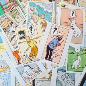 Vintage Tintin Prints, Vintage Original Tintin & Snowy Complete Set of 64 Gum Wrapper Inserts from 1964, Tintin Prints, Tintin Cards