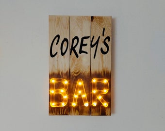 Light up personalised bar sign, Pallet wood sign, Rustic wooden wall hanging, Garden bar decor, Outdoor patio sign, Gift idea for him or her