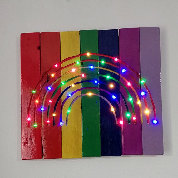 Rainbow Pallet Wood Wall Art Decor Light Up Rainbow Unisex Etsy
