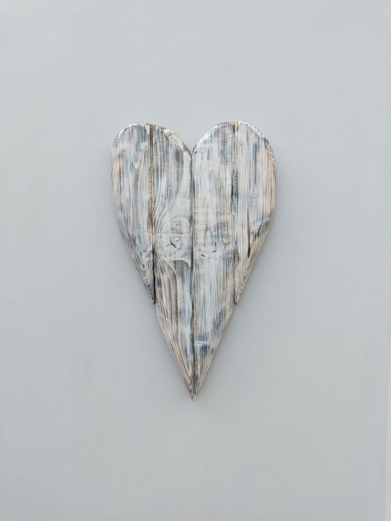 Wooden hanging heart wall art, hand carved in India white finish 20cm wide  NEW