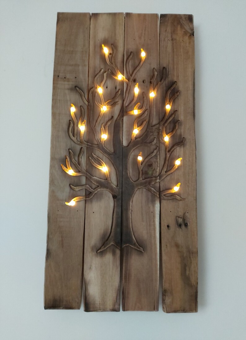 Tree light up pallet wood wall art Burnt rustic wooden nature Etsy