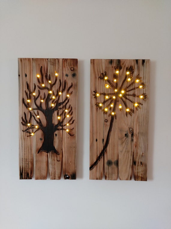 Pallet Wood Dandelion and Tree Light up Wall Decor Wall Art Set