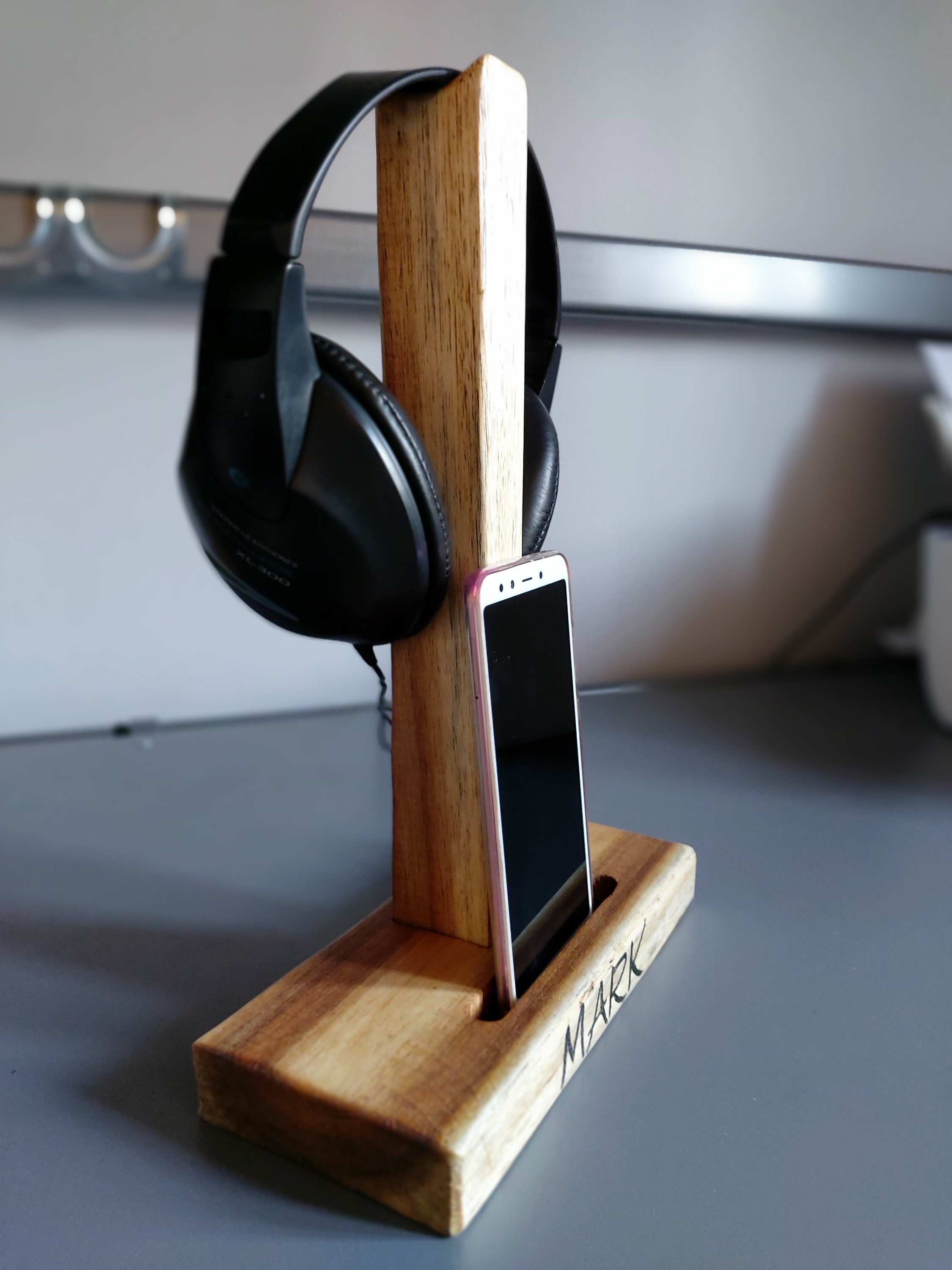 Phone Headphone Stand Holder Personalised Reclaimed Oak Etsy UK