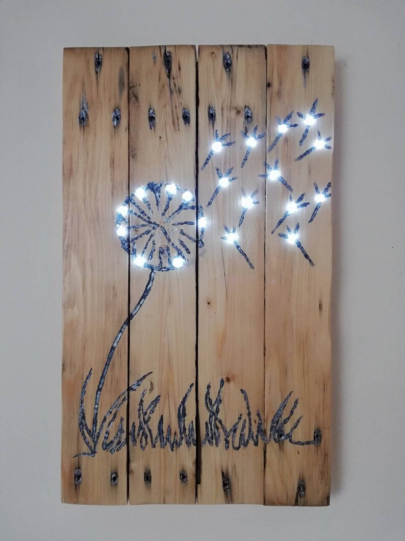 Dandelion Pallet Wall Art Floral Decor Light up Wood Wall Etsy UK