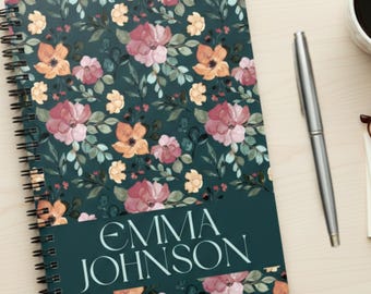 Dark Floral Spiral Notebook Custom Name Journal for Her Gift Less than 10 Group Gift Idea Stocking Stuffer for Daughter Personalized Diary