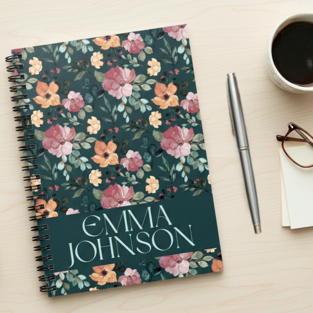 Dark Floral Spiral Notebook Custom Name Classic Ruled Journal for Her ...
