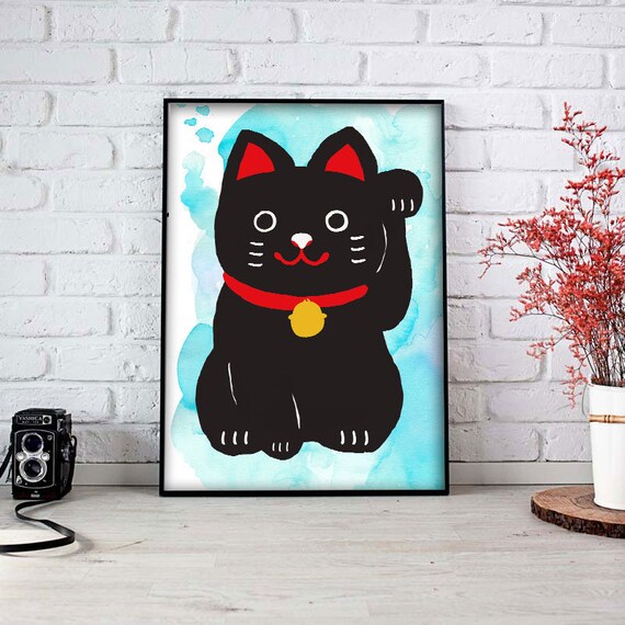 Lucky Cat Poster Fortune Cat Wall Art Welcome Poster Asian Etsy