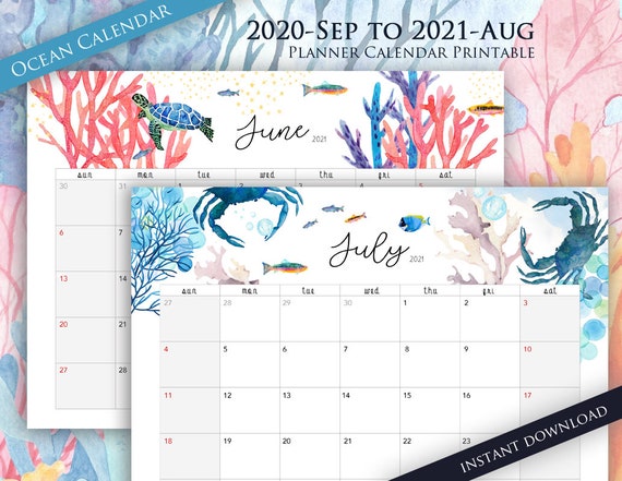 2020 Sep To 2021 Aug Planner Calendar Printable Ocean Etsy calendar aug 19 2021