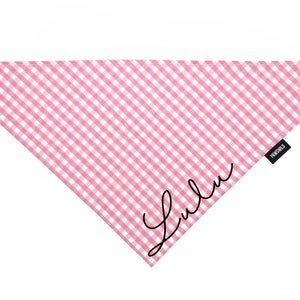 May include: Pink and white gingham dog bandana with the name "Lulu" embroidered in black script.