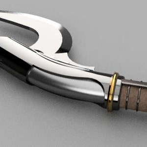 May include: A silver and brown curved blade with a leather-wrapped handle. The blade is sharp and pointed, and the handle is textured.