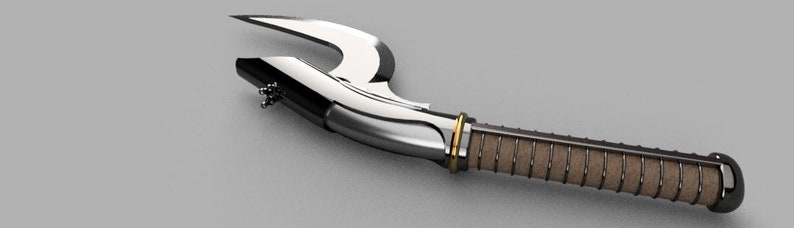 May include: A silver and brown curved blade with a leather-wrapped handle. The blade is sharp and pointed, and the handle is textured.