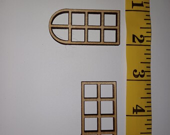 Set of two - 1x2 inch, 2.5cm x 5cm miniature wooden windows - arch style / 8 panes.