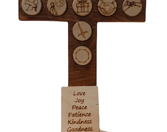 Fruit of the Spirit - Token Memory Magnets and Cross Holder. Removable Fruit pocket tokens to carry all day.  Magnetic bible verse triggers