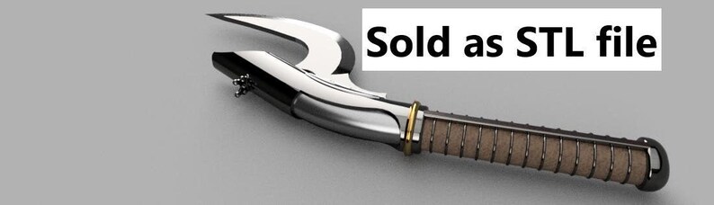 May include: A silver and black curved blade with a brown and gold handle. Sold as an STL file.
