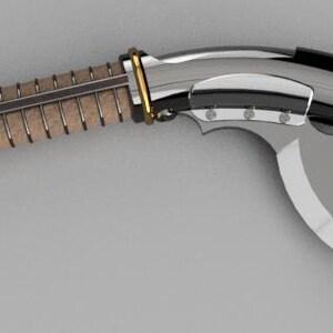 May include: A silver and black curved blade with a brown and gold handle. The blade is sharp and has a unique design.