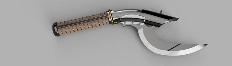 May include: A silver and black curved blade with a brown and gold handle. The blade is sharp and has a unique design.