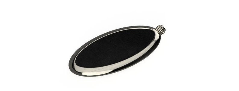 May include: A black oval-shaped pendant with a silver rim and a silver loop at the top.