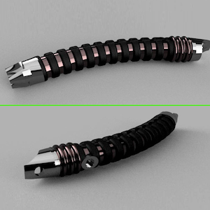 Puede incluir: Un sable de luz negro y plateado con un mango telescópico segmentado. El mango está hecho de una serie de anillos negros y plateados.