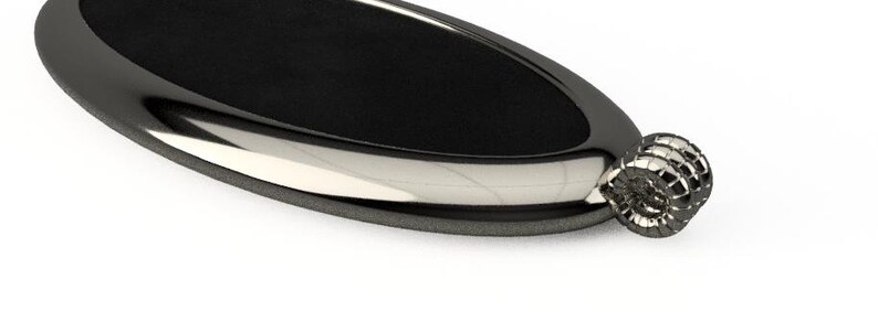 May include: A black oval-shaped tray with a silver rim and a silver decorative knob on the end.