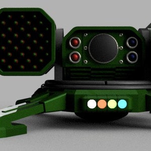 May include: A green, futuristic-looking turret with four legs and two large, round, black and green cannons. The turret has a control panel with four buttons and a round, black display.