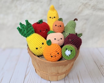 CROCHET PATTERN: Fruit Basket Play Food, Amigurumi Banana, Apple, Orange, Pear, Pineapple, Kiwi, Peach, Apricot, Plum, Easy Beginner