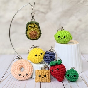 CROCHET PATTERN: Food Keychains, Amigurumi Avocado, Donut, Fruit, Pizza Roll, and Pea, Miniature Tiny Plushes for Backpacks