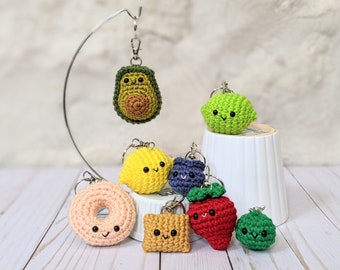 CROCHET PATTERN: Food Keychains, Amigurumi Avocado, Donut, Fruit, Pizza Roll, and Pea, Miniature Tiny Plushes for Backpacks