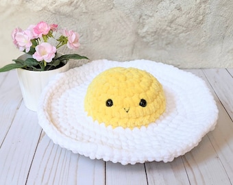 CROCHET PATTERN: Fuzzy Fried Egg Amigurumi, Cute Breakfast Plush, Easy Downloadable Beginner Crochet Pattern