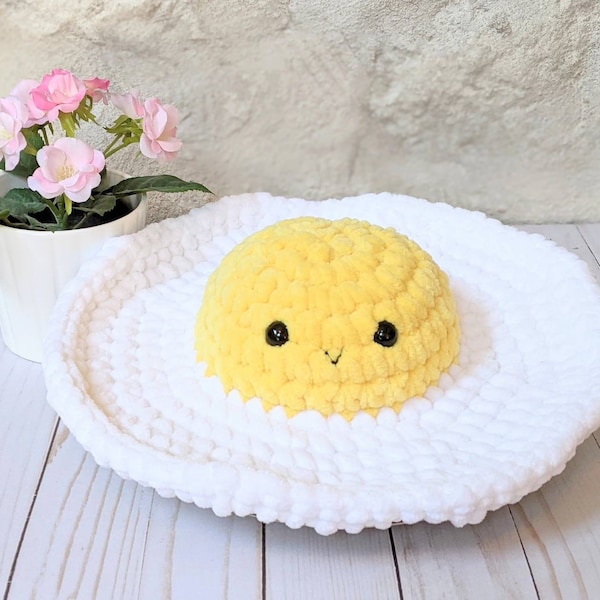 CROCHET PATTERN: Fuzzy Fried Egg Amigurumi, Cute Breakfast Plush, Easy Downloadable Beginner Crochet Pattern