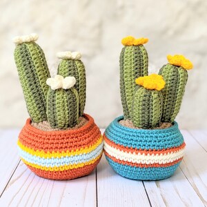 May include: Two crocheted cactus plants in colorful pots. The cacti are green with white or yellow flower accents. The pots are orange, blue, and white with horizontal stripes. The plants are decorative.