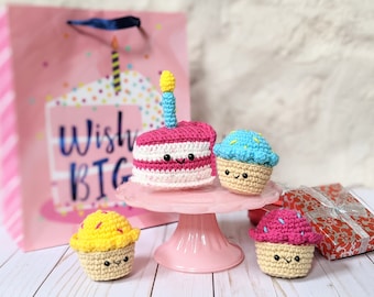 CROCHET PATTERN: Birthday Cake and Cupcake Plush Toys, Party Decorations, Amigurumi Downloadable PDF Play Food Pattern