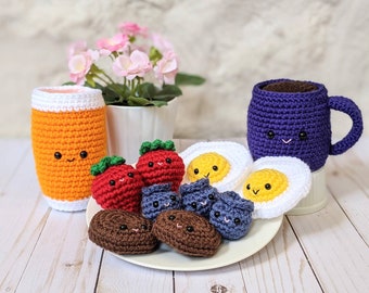 CROCHET PATTERN: Breakfast Plate Play Food, Fried Egg and Sausage Amigurumi, Coffee Mug, Fruit, and Juice, Easy Beginner Crochet Pattern