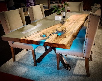 Custom Concrete Wood Dining Table, Metal Base