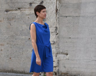 Summer dress with waterfall neckline in blue
