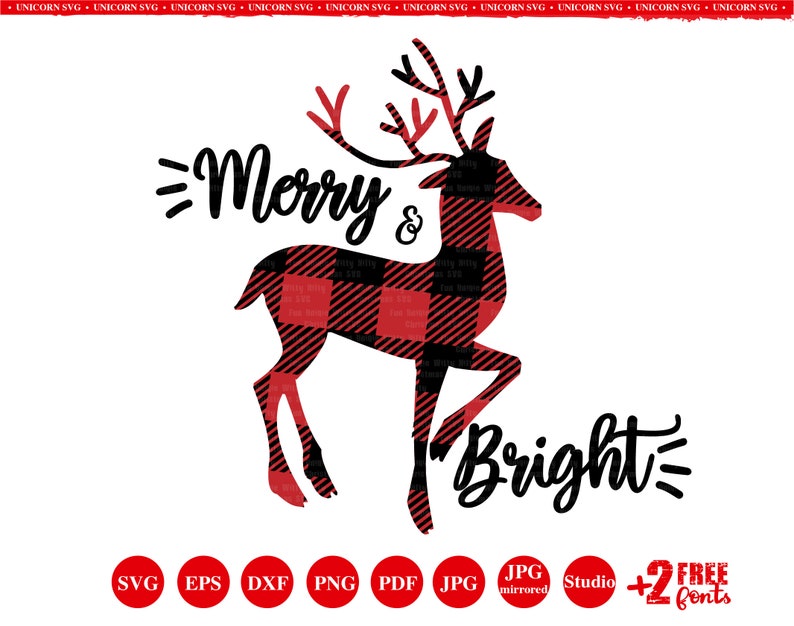 Merry and Bright Buffalo Plaid Svg Reindeer Svg Antler Svg | Etsy