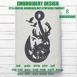 Haken und Hirsch Maschinenstickdesign, Maschinenstickerei Angel- und Jagddesigns, Vögel & Fische und Hirsch Stickdesign, Hemd, Tasche