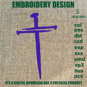 May include: Purple cross embroidery design with five different file formats:  col, pes, dst, csd, exp, xxx, emd, vp3, hus, pcs.  It's a digital download, not a physical product.